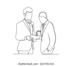 Continuous line art drawing of two businessman having small discussing over drink coffee during office break. Business people single line art drawing vector illustration.