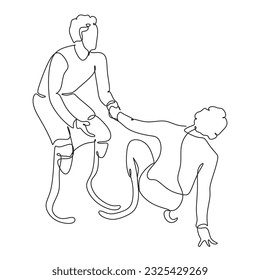 Continuous line art drawing of two disabled sportsmens on prostheses. One man helps another to pick up. Human disability runs.  Single-line graphic design vector