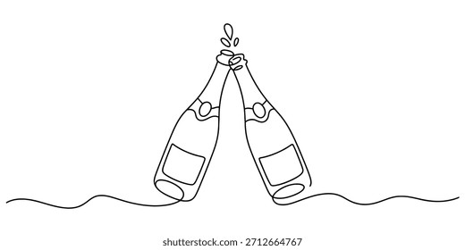 Desenho de arte em linha contínua de duas garrafas de champanhe coladas, simbolizando celebração, brinde e ocasiões festivas com design elegante minimalista. Vetor, ilustração