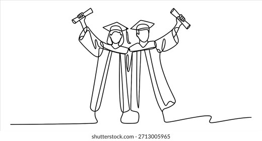 Dibujo de arte lineal continuo de dos graduados que celebran su logro académico Vector, ilustración