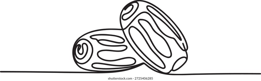 Continuous line art drawing of two dates fruit. Black single line ramadan kareem sign. Islamic food symbol design. Healthy eating icon. Single continuous line drawing of dates. Creative simple flat design. One line draw graphic vector illustration.
