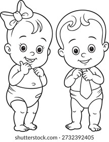 Dibujo de arte lineal continuo de dos bebés felices de dibujos animados, un niño y una niña. Bebés sonrientes lindos en pañales, con un lazo y una corbata. Niños ilustración infantil que representa a los recién nacidos. Personajes de bebé juguetones. Niños adorables. Felicidad infantil. Dulces pequeños. Amor familiar. Arte de vivero suave. Inocencia y alegría.