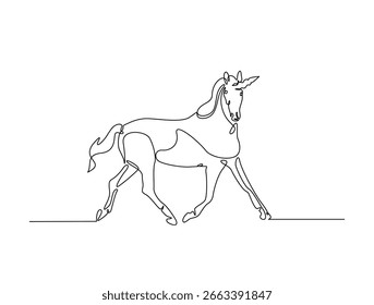 Continuous line art drawing of unicorn with horn. Unicorn in single line art drawing vector illustration. Editable stroke.