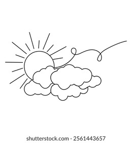 Continuous line art drawing vector illustration  Sun and clouds in white background