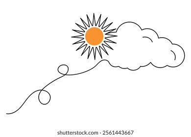 Continuous line art drawing vector illustration  Sun and clouds in white background