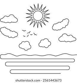 Continuous line art drawing vector illustration  Sun and clouds in white background