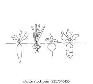 Dibujo continuo en línea de plantas vegetales. Plantas vegetales raíz de dibujo de línea única ilustración vectorial.