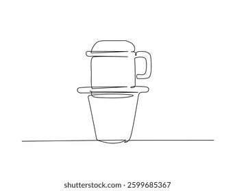 Continuous line art drawing of vietnam drip - coffee shop equipment. coffee dripper in one line drawing illustration. Editable stroke.