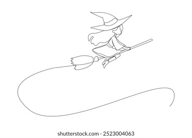 Continuous line art drawing of witch flying broom. Halloween concept background.