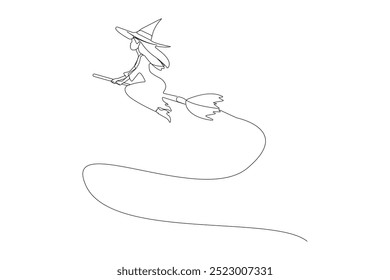 Continuous line art drawing of witch riding on a broom. Halloween concept background