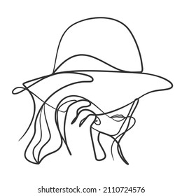 Continuous line art drawing of woman face with hat. One line woman portrait