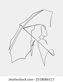 A continuous line art drawing of a woman holding an umbrella, capturing simplicity and elegance in a minimalist style.