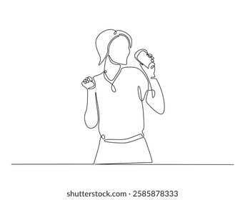 Continuous line art drawing of woman drinking coffee. Young lady enjoy the drink line art drawing vector illustration. Editable stroke.