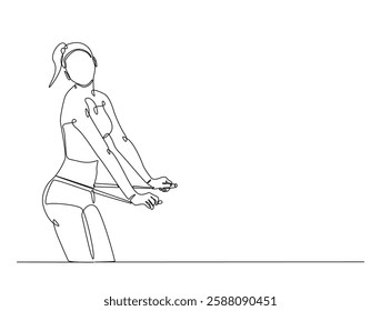 Continuous line art drawing of woman dieting concept. Pretty girl with tape measure around her body in one line drawing illustration. Editable stroke.