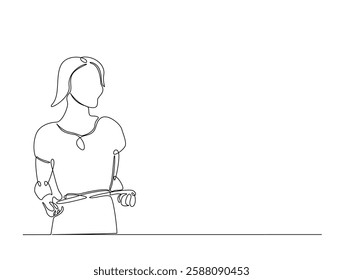 Continuous line art drawing of woman dieting concept. Pretty girl with tape measure around her body in one line drawing illustration. Editable stroke.