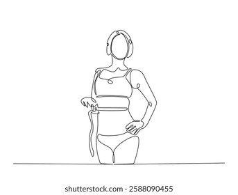 Continuous line art drawing of woman dieting concept. Pretty girl with tape measure around her body in one line drawing illustration. Editable stroke.