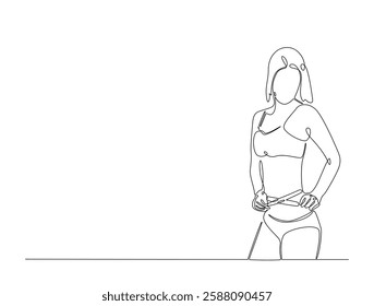 Continuous line art drawing of woman dieting concept. Pretty girl with tape measure around her body in one line drawing illustration. Editable stroke.