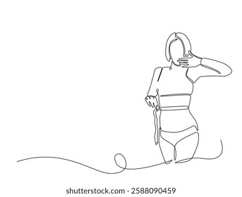 Continuous line art drawing of woman dieting concept. Pretty girl with tape measure around her body in one line drawing illustration. Editable stroke.