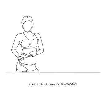 Continuous line art drawing of woman dieting concept. Pretty girl with tape measure around her body in one line drawing illustration. Editable stroke.