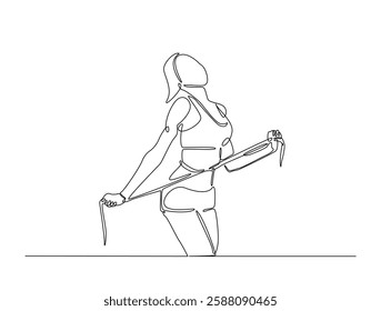 Continuous line art drawing of woman dieting concept. Pretty girl with tape measure around her body in one line drawing illustration. Editable stroke.