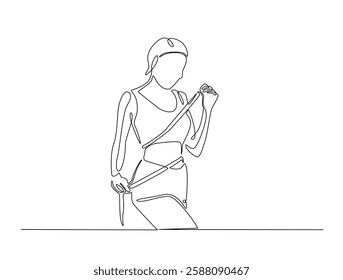 Continuous line art drawing of woman dieting concept. Pretty girl with tape measure around her body in one line drawing illustration. Editable stroke.