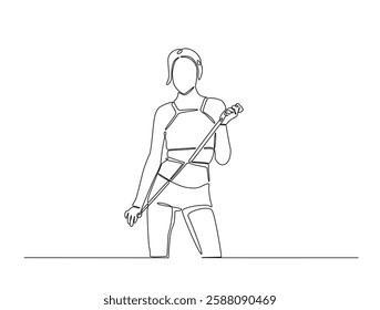 Continuous line art drawing of woman dieting concept. Pretty girl with tape measure around her body in one line drawing illustration. Editable stroke.