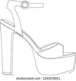 continuous line art drawing of women's sandals with high heels in black and white