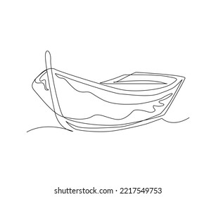 Continuous line art drawing of wooden fishing canoe. Wooden fishing Boat single line art drawing vector illustration.