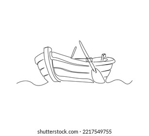 Continuous line art drawing of wooden fishing canoe. Wooden fishing Boat single line art drawing vector illustration.