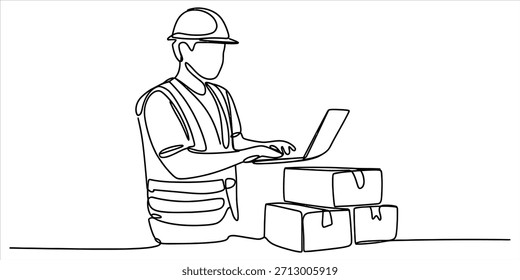 Um desenho artístico de linha contínua de um funcionário gerenciando o inventário com um notebook Vetor, ilustração