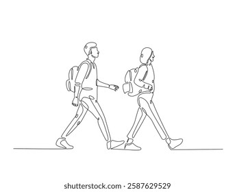 Continuous line art drawing of young man and woman from college or university with backpack. Students walking with schoolbag line art drawing vector illustration. Editable stroke.