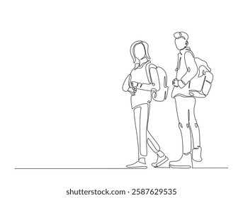 Continuous line art drawing of young man and woman from college or university with backpack. Students walking with schoolbag line art drawing vector illustration. Editable stroke.