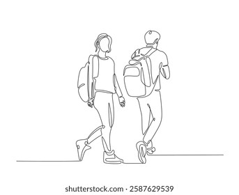 Continuous line art drawing of young man and woman from college or university with backpack. Students walking with schoolbag line art drawing vector illustration. Editable stroke.