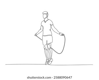 Continuous line art drawing of young man jumping with skipping rope. Cardiovascular exercise by jumping with skipping rope line art drawing vector illustration. Editable stroke.