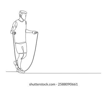 Continuous line art drawing of young man jumping with skipping rope. Cardiovascular exercise by jumping with skipping rope line art drawing vector illustration. Editable stroke.