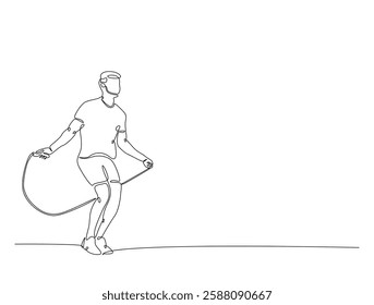 Continuous line art drawing of young man jumping with skipping rope. Cardiovascular exercise by jumping with skipping rope line art drawing vector illustration. Editable stroke.