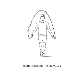 Continuous line art drawing of young man jumping with skipping rope. Cardiovascular exercise by jumping with skipping rope line art drawing vector illustration. Editable stroke.