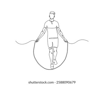 Continuous line art drawing of young man jumping with skipping rope. Cardiovascular exercise by jumping with skipping rope line art drawing vector illustration. Editable stroke.