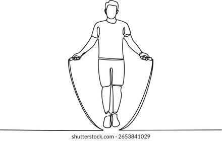 Continuous line art drawing of young man jumping with skipping rope, minimalist fitness exercise illustration

