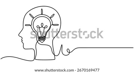  Continuous line art drawn head with lightbulb. Create idea concept. Insight symbol. Vector illustration isolated on white.