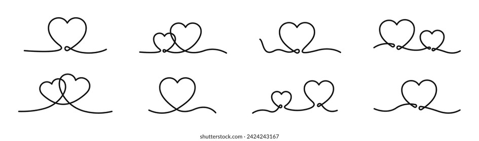 Continuous line art drawn hearts. Doodle hearts. Linear heart. Simple line hearts