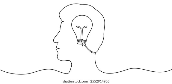 Arte de línea continua dibujado cabeza de hombre con bombilla. Concepto de idea de Create. Ilustración vectorial aislada en blanco.
