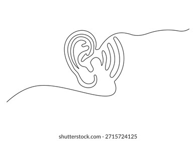 Arte de línea continua del símbolo del oído con ondas de sonido. Dibujo de contorno del oído humano para un buen concepto de audición.