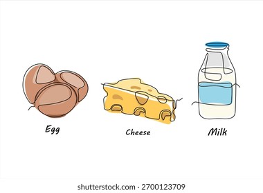 Arte de línea continua de huevos, queso y leche. dibujo de línea continua de iconos de línea. Trazo editable.