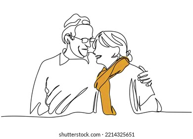 Continuous line art of elderly enjoying autumn mood. Fall fun. Winter mood. Old couple. Health and wellness. Positive psychology. Mental health awareness. Warm clothes. Autumn background line art