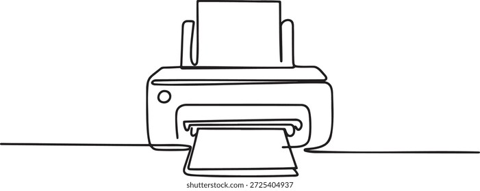 Kontinuierlicher Linienkunst eines elektronischen Bürodruckers. Minimalistische Vektorgrafik einer Tintenstrahldruckmaschine. Moderne Technologie Gerät Silhouette. Geschäftsausstattung Konzept. Einzeilige Zeichnung eines Computerhardwaregerätes. Einfache schwarz-weiße Bürobedarf Umriss.