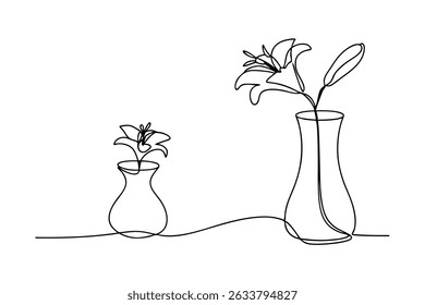 Continuous line art of elegant lily flowers in vases minimalist black and white design