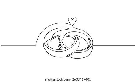 Continuous line art of entwined wedding rings with a heart.