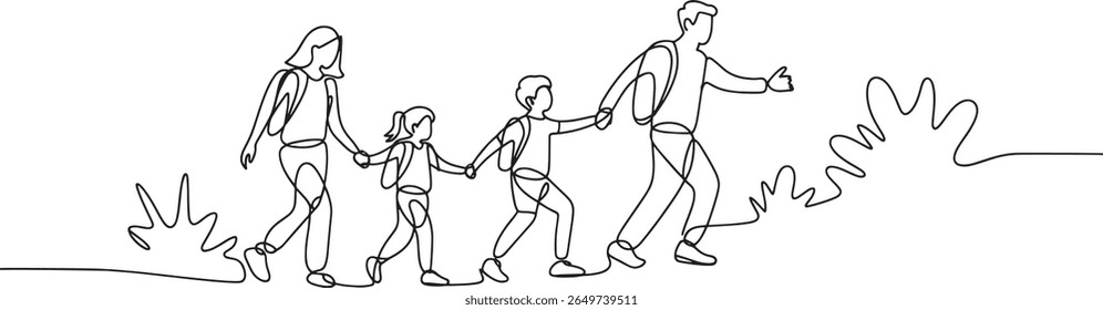 Linha de Arte Contínua de Família Trekking Juntos através da natureza selvagem Explorando a Natureza com experiência de ligação e conexão