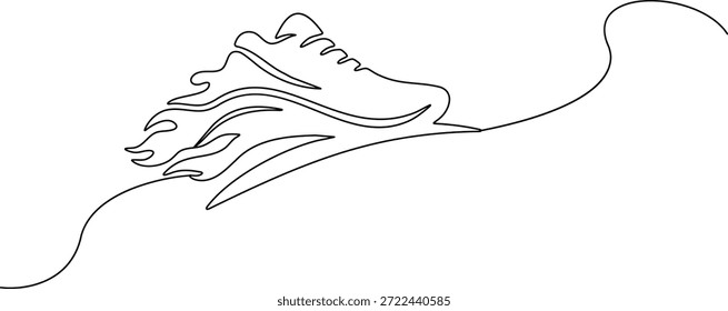 Línea continua de una zapatilla de carrera rápida con diseño de fuego y velocidad de llama